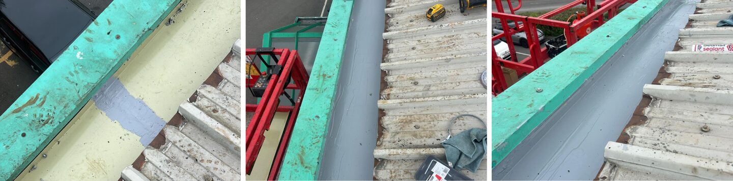 Metal perimeter repair plate fitted to industrial valley gutter